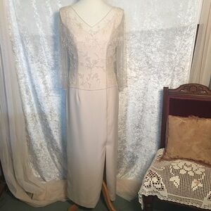 David's Bridal Embellished V-Neck Sheath Gown in Light Champagne